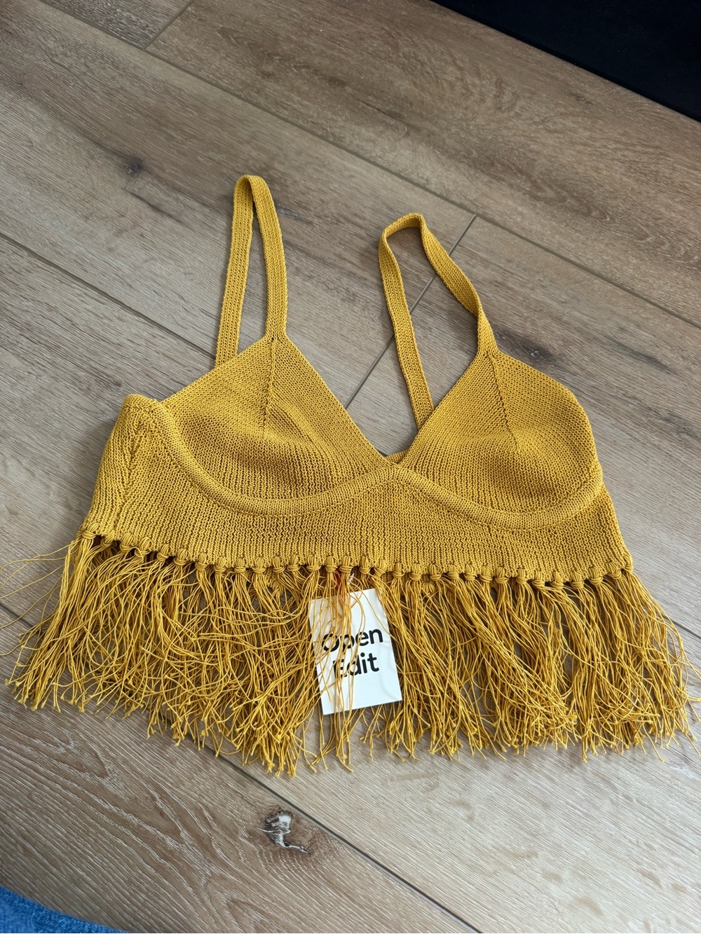 Open Edit fringe sweater bralette in yellow harvest size Medium New With Tags